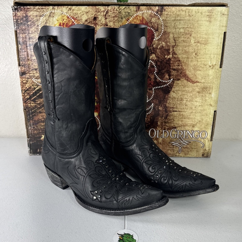 Old Gringo Swarovski Crystals Black Cowboy Boots Womens 7 Cross Fleur-de-lis